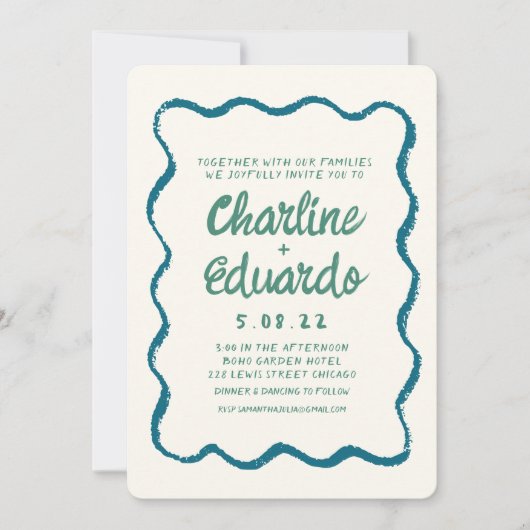 Retro Wavy Blue und Green Handwriting Wedding Einladung (Vorderseite)