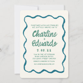 Retro Wavy Blue und Green Handwriting Wedding Einladung