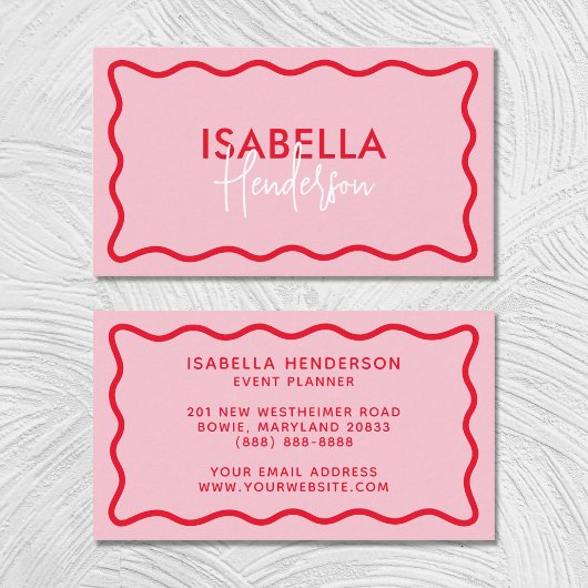 Retro Wavy Border Pink und Red Script Girl Visitenkarte