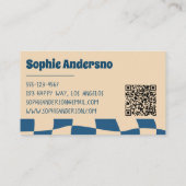 Retro Wavy Checkerboard Funky Blue Beige Visitenkarte (Rückseite)