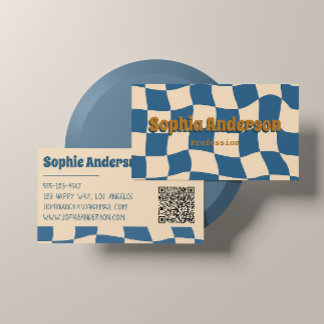 Retro Wavy Checkerboard Funky Blue Beige  Visitenkarte