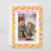 Retro Wavy Checkered Pink Yellow Foto Weihnachten (Vorderseite)