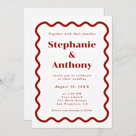 Retro, Wavy Edge Dark Red Wedding der 50er Jahre Einladung (Vorne/Hinten)