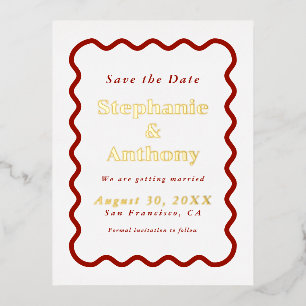 Retro, Wavy Edge Dark Red Wedding der 50er Jahre Folie Einladungspostkarte