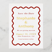 Retro, Wavy Edge Dark Red Wedding der 50er Jahre Folie Einladungspostkarte (Vorderseite)