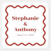 Retro, Wavy Edge Dark Red Wedding der 50er Jahre Quadratischer Aufkleber (Vorderseite)