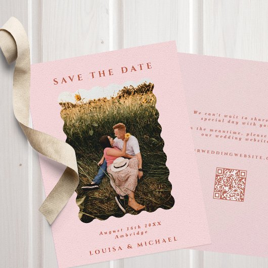 Retro Wavy Foto & QR Code Blush Wedding Save The Date
