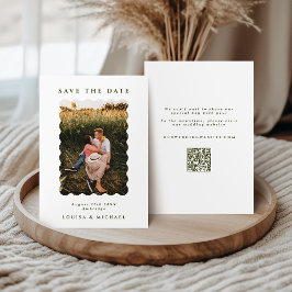 Retro Wavy Foto & QR Code Green & White Wedding Save The Date