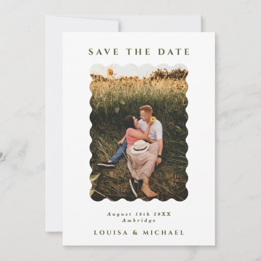 Retro Wavy Foto & QR Code Green & White Wedding Save The Date (Vorderseite)