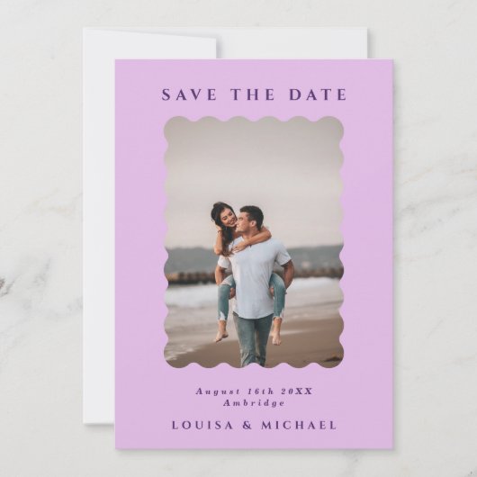 Retro Wavy Foto & QR Code Lilac & Lila Hochzeit Save The Date (Vorderseite)