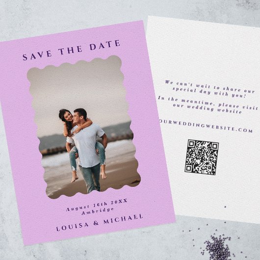 Retro Wavy Foto & QR Code Lilac & Lila Hochzeit Save The Date
