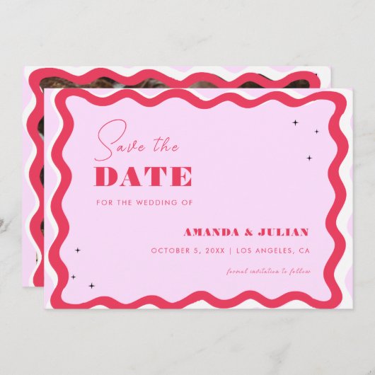 Retro Wavy Frame 70er Rosa und Rotes Foto 77 Save The Date (Vorne/Hinten)