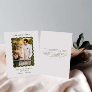 Retro Wavy Frame Foto Grün & Weiß Hochzeit Dankeskarte