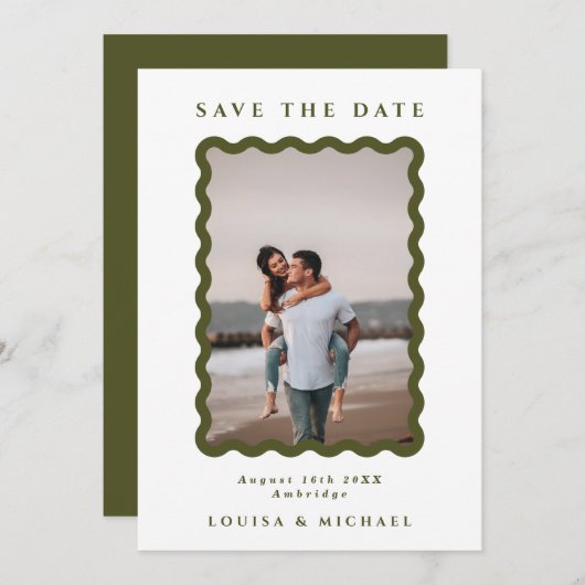 Retro Wavy Frame Foto Grün & Weiß Hochzeit Save The Date (Vorne/Hinten)
