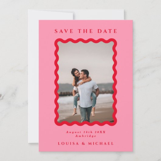 Retro Wavy Frame Foto Rot & Rosa QR Code Wedding Save The Date (Vorderseite)