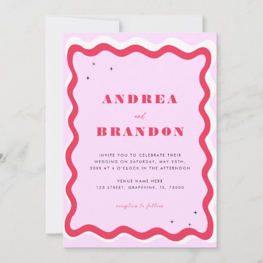 Retro Wavy Frame QR Code 70er alle in einer Hochze Einladung (Vorderseite)