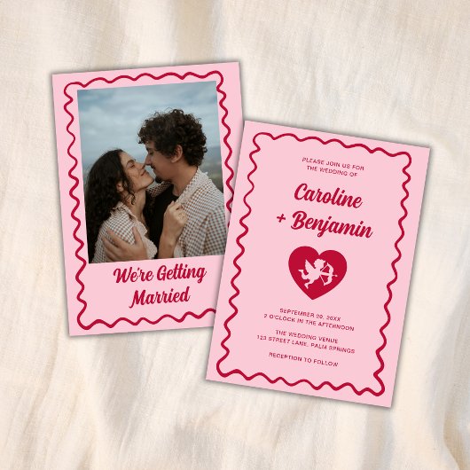 Retro Wavy Frame Red Pink Cupid Heart Wedding Einladung