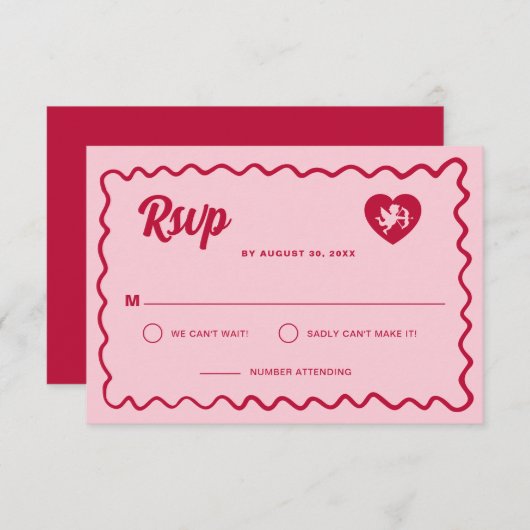 Retro Wavy Frame Red Pink Cupid Heart Wedding RSVP Karte (Vorne/Hinten)