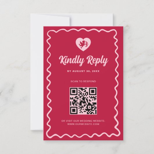Retro Wavy Frame Red Pink Cupid Wedding QR Code RSVP Karte (Vorderseite)