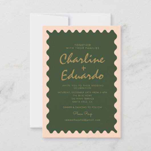 Retro Wavy Green Peach Pastel Hochzeit Einladung (Vorderseite)