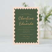 Retro Wavy Green Peach Pastel Hochzeit Einladung (Stehend Vorderseite)