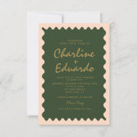Retro Wavy Green Peach Pastel Hochzeit Einladung
