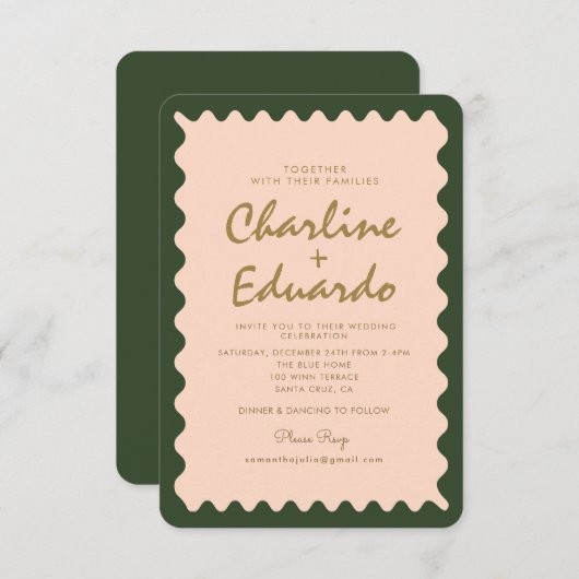 Retro Wavy Green Peach Pastel Hochzeit Einladung (Vorne/Hinten)