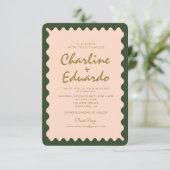 Retro Wavy Green Peach Pastel Hochzeit Einladung (Stehend Vorderseite)