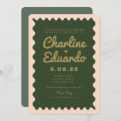 Retro Wavy Green Peachy Golden Wedding Einladung (Vorne/Hinten)