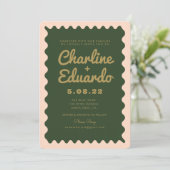 Retro Wavy Green Peachy Golden Wedding Einladung (Stehend Vorderseite)