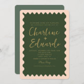 Retro Wavy Green Peachy Golden Wedding Einladung (Vorne/Hinten)