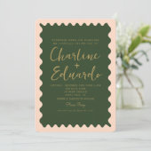 Retro Wavy Green Peachy Golden Wedding Einladung (Stehend Vorderseite)