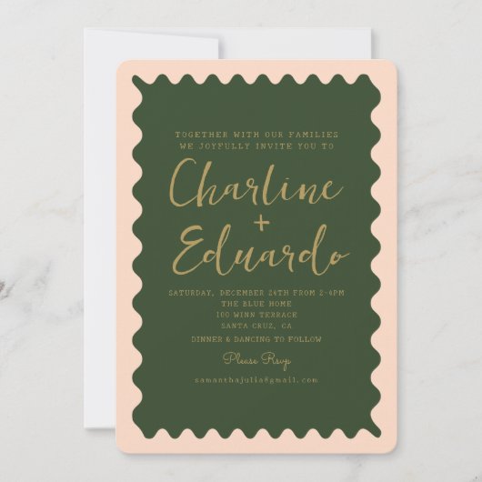 Retro Wavy Green Peachy Golden Wedding Einladung (Vorderseite)