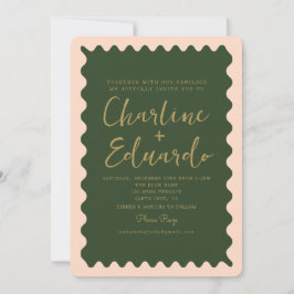Retro Wavy Green Peachy Golden Wedding Einladung