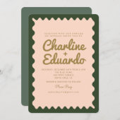 Retro Wavy Green Pink Golden Wedding Einladung (Vorne/Hinten)