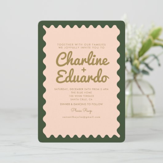 Retro Wavy Groovy Green Pink Wedding Einladung (Stehend Vorderseite)