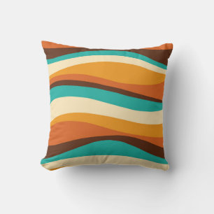 Retro Wavy Lines Aquamarin, Orange, Schokolade Kissen