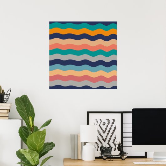 Retro Wavy Lines - Blue Turquoise Orange Poster (Heimbüro)