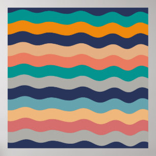 Retro Wavy Lines - Blue Turquoise Orange Poster