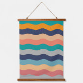Retro Wavy Lines - Blue Turquoise Orange Wandteppich Mit Holzrahmen (Vorderseite)