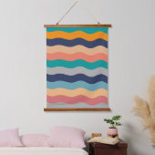 Retro Wavy Lines - Blue Turquoise Orange Wandteppich Mit Holzrahmen (Schlafzimmer)