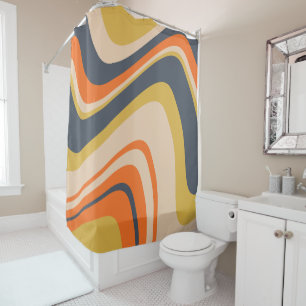 Retro Wavy Lines - Orange, Navy, Yellow, Beige Duschvorhang