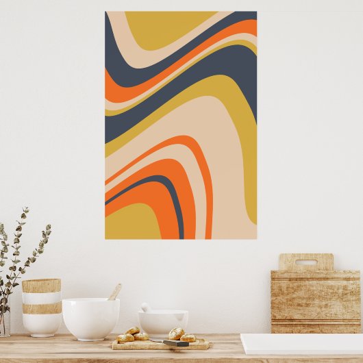 Retro Wavy Lines - Orange, Navy, Yellow, Beige Poster (Küche)
