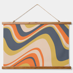 Retro Wavy Lines - Orange, Navy, Yellow, Beige Wandteppich Mit Holzrahmen