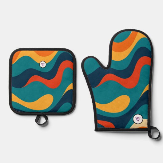 Retro Wavy Pattern Modern Abstract  Ofenhandschuh & Topflappen-Set (Vorderseite)