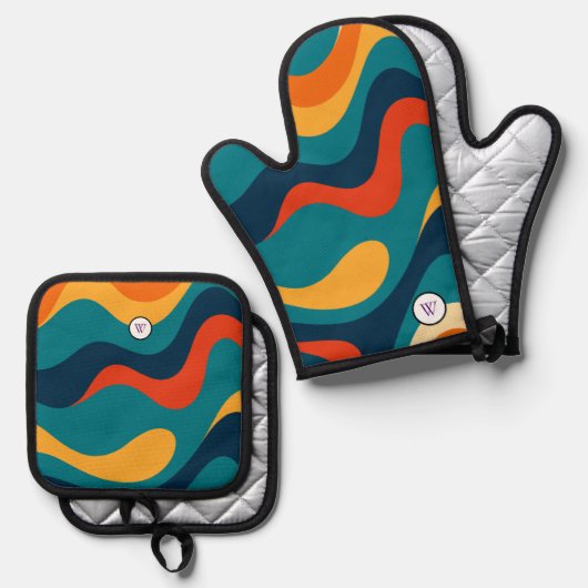 Retro Wavy Pattern Modern Abstract  Ofenhandschuh & Topflappen-Set (Vorderseite/Rückseite)