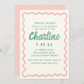 Retro Wavy Pink & Green Handwriting Brautparty Einladung (Vorne/Hinten)
