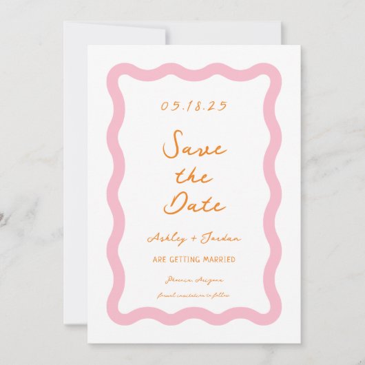 Retro Wavy Pink Orange Wave Wedding Save The Date (Vorderseite)