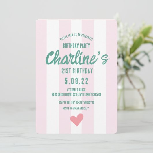 Retro Wavy Pink Striping Handschrift 21St Geburtst Einladung (Stehend Vorderseite)