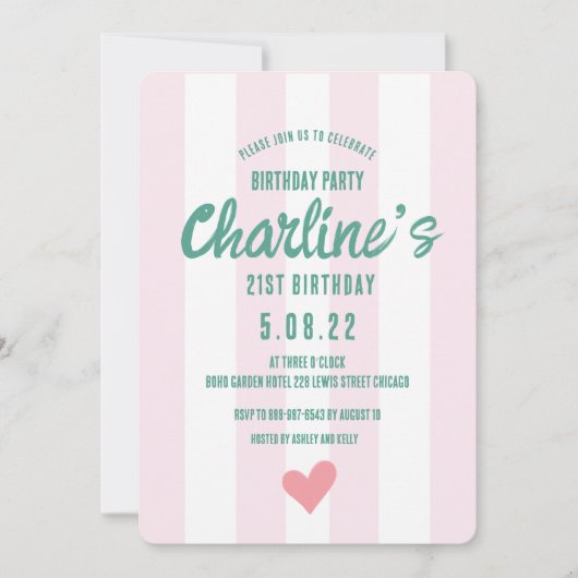 Retro Wavy Pink Striping Handschrift 21St Geburtst Einladung (Vorderseite)